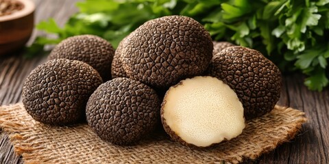 Close up of black truffles with rough textured surface arranged on wooden cutting board emphasizing earthy aroma and gourmet appeal in fine dining