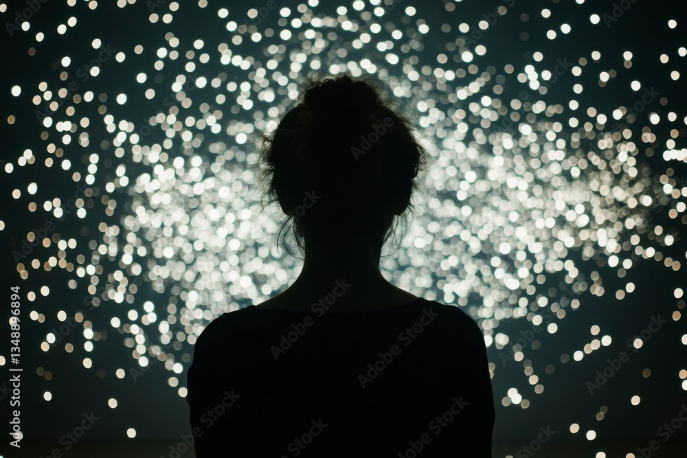 Poster a woman is sitting in front of a screen with a lot of light coming from it. the light is creating a 