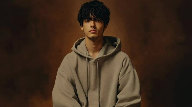 A young man with thick dark hair, dressed in a grey hoodie and sweatpants, sitting in a lotus posture on the floor against a brown backdrop.