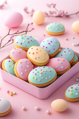 Pastel iced cookies in pink tin with Easter eggs