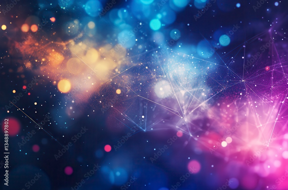 Poster a colorful background with many small dots and lines. the background is a mix of blue, purple, and p