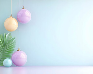 Pastel spheres hang against a light blue wall, next to a tropical leaf