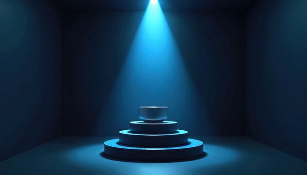 Dimly lit studio features deep shadows with blue neon searchlight. Product stands on pedestal, creating captivating focal point. Dark atmosphere, stage design, product showcase. Night scene, product