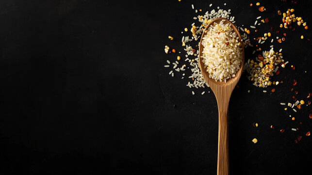 Uncooked rice with a wooden spoon. Raw surti kolam rice over black background. Copy space.