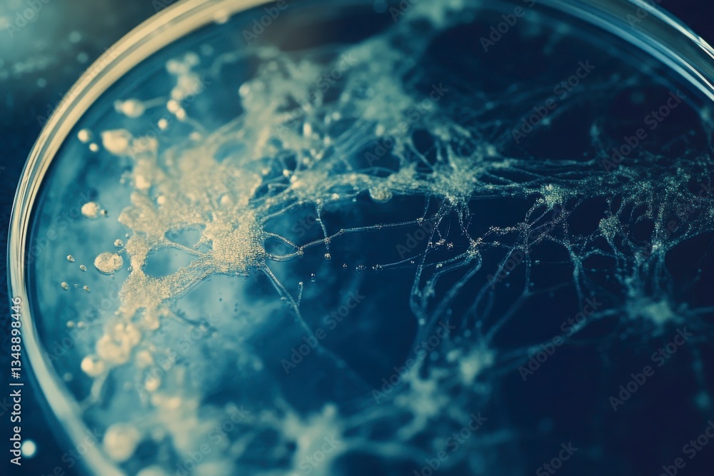 Poster a blue and green image of a cell with a lot of strands coming out of it. the image has a mood of con