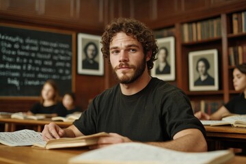 Obraz premium Focused student in vintage classroom, surrounded by historic por