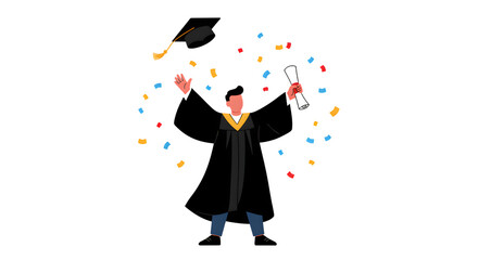 Celebrating Graduation Tossing Hat and Confetti in the Air Illustration
