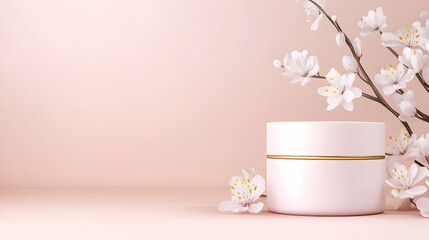 Pink cosmetic jar with delicate blossoms on a soft pink background