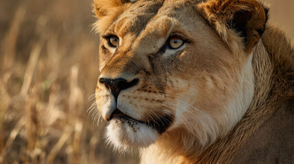 Fototapeta premium Lioness Portrait in Golden Sunlight, Close-Up of Wild Cat in Natural Habitat