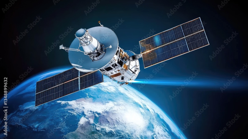 Poster a concept of satellite communication with signals beaming across the globe.