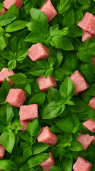 Pink meat cubes nestled amongst vibrant green basil leaves