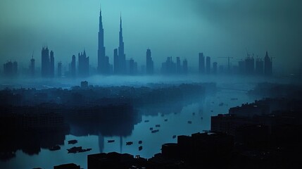 Urban skyline shrouded in smog and haze, poor air quality affecting city view 