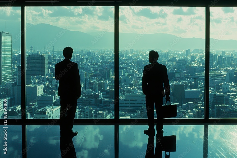 Poster two men standing in front of a window looking out at the city. scene is one of contemplation and ref