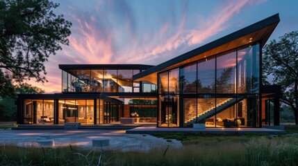 Modern glass house at dusk, tranquil setting, expansive views