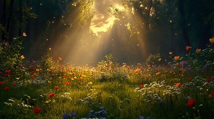 Obraz premium A sunlit meadow with colorful flowers in a forest setting
