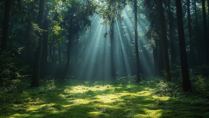 Fototapeta premium Sunbeams pierce through a dense forest, illuminating a lush green carpet of moss. A magical, mystical scene.