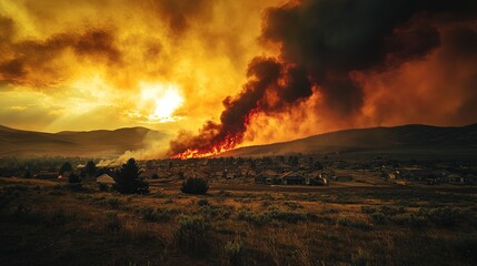 Thick, dark smoke rising from a wildfire near residential area, environmental crisis  