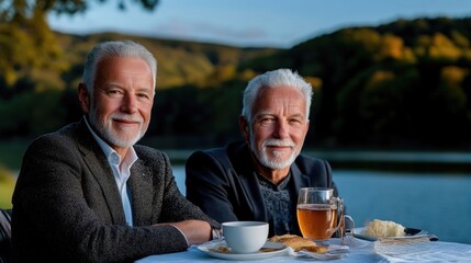 Two senior men enjoying a lakeside meal