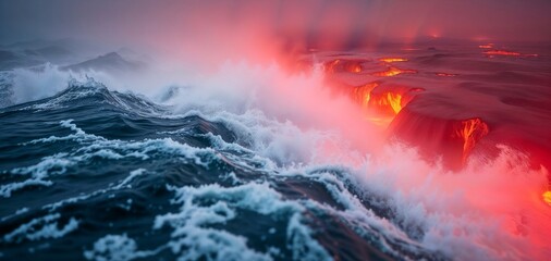 Fototapeta premium Lava flow meeting the ocean, steam rising, vibrant colors, dynamic movement