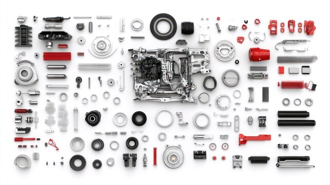 Disassembled car parts, components, and pieces arranged on white background.