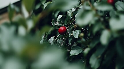 A single red fruit sits nestled within green leafy foliage