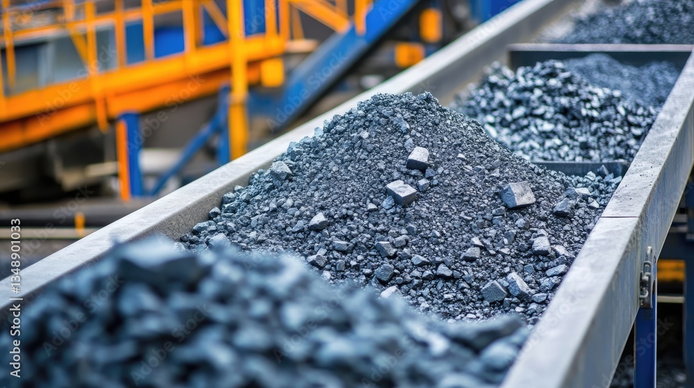 Poster a crushing and screening plant sorting different mineral sizes on a conveyor system.