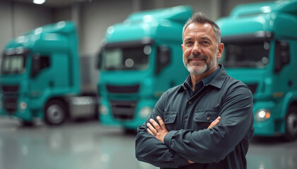 Warehouse manager stands confidently near fleet of blue trucks. Mature entrepreneur poses against backdrop of commercial transport vehicles. Trucking company owner showing distribution business