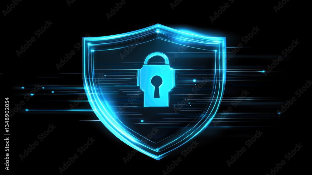Poster a cybersecurity digital shield with encrypted binary code protection.