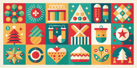 Set of Merry Christmas and Happy New Year geometric minimalist card. Xmas backgrounds. Modern pattern with Christmas flat icons. Trendy design for holiday invitation, poster, cover,