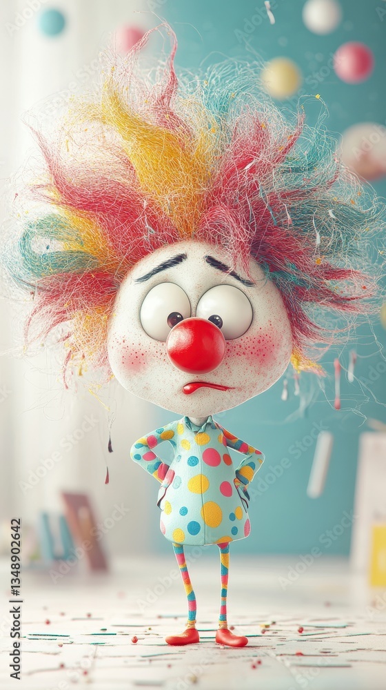 Poster Sad Clown with Exploding Colorful Hair 3D Render