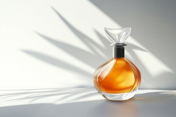 Elegant perfume bottle in gentle sunlight on white background. Neural network AI generated