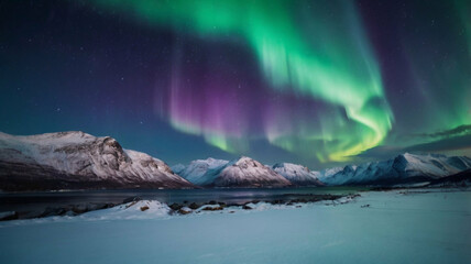 Naklejka premium Northern Lights Aurora Borealis Over Snowy Mountains, Night Sky with Green and Purple Colors