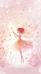 Fototapeta premium Whimsical Fairy with Glowing Wand in a Pastel Autumn Landscape
