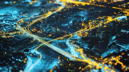 Night city highway intersection, aerial view, traffic flow, urban landscape, for transportation background