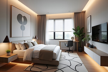 Modern Minimalist Bedroom with Smart Technology & Elegant Design