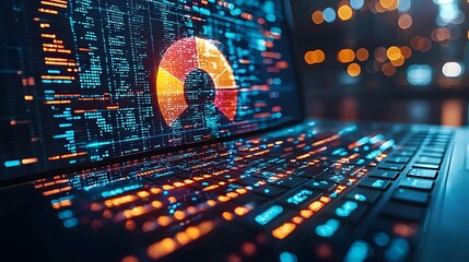 Glowing data analytics visualization on laptop screen