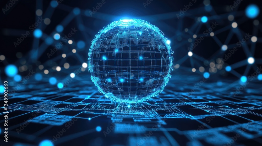 Poster a digital clipart of a computer with a holographic globe showing interconnected data.