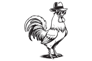 Cool Roosters in Hats and Sunglasses Silhouette Vector