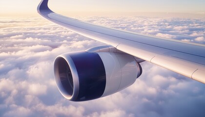 Energy efficient airplane wing viewing over soft clouds aerial perspective aviation photography