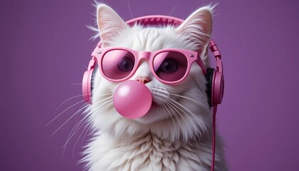 Obraz premium Trendy White Cat Wearing Pink Sunglasses, Headphones, and Blowing Bubblegum with a Cool Attitude.