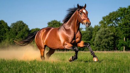 Galloping horse in lush green field, mane flowing, capturing pur