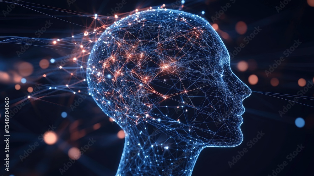 Poster a digital human head filled with language-based neural connections, representing nlp ai.