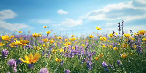 Obraz premium Colorful summer flower field with daisies, lavender, and poppies under blue sky