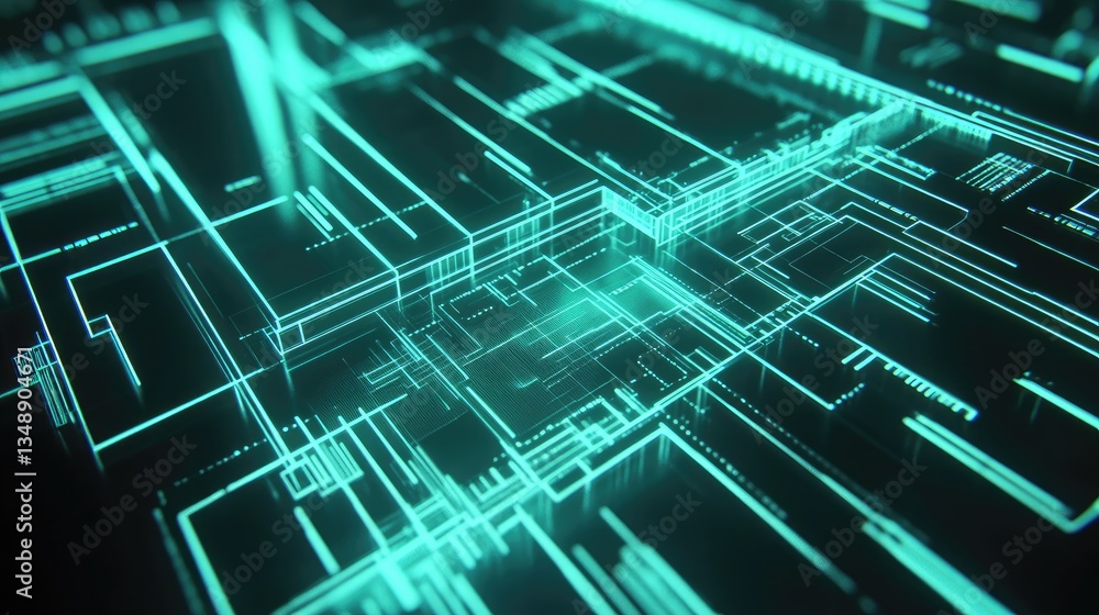 Poster a digital network with interconnected nodes glowing in a cyber-blue hue.