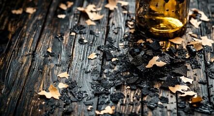 Fototapeta premium Dark wooden table with freshly shaved truffle slices and gourmet truffle oil emphasizing luxurious ingredient preparation and culinary sophistication