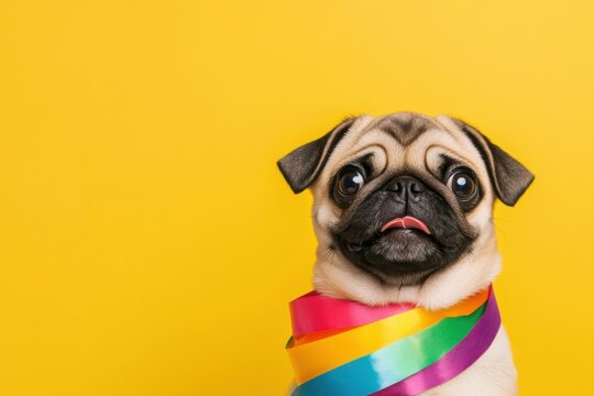 Cheerful pug celebrating pride month indoor studio pet portrait bright yellow background close-up joyful spirit