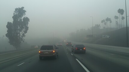 Morning commute under a dense layer of smog, urban air quality issue 