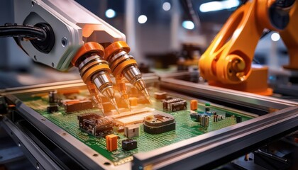 Robotic arms work on a circuit board in a bright, futuristic industrial environment.