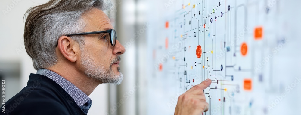 Poster strategic planning resources evaluation concept. professional analyzing data on a digital interface.