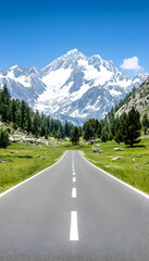 Scenic road leading towards majestic snow-capped mountain